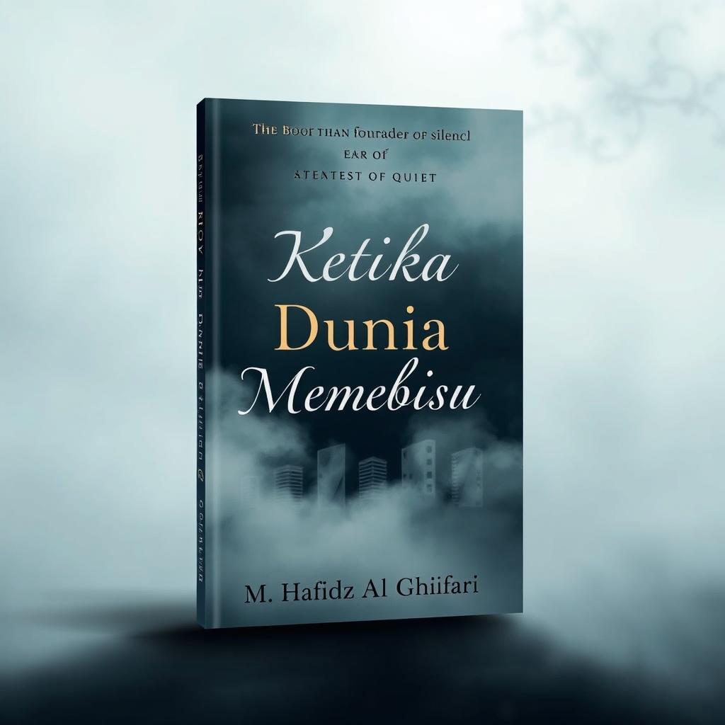 A captivating book cover for the novel 'Ketika Dunia Membisu', featuring a background that harmonizes with the theme of silence in a quiet world