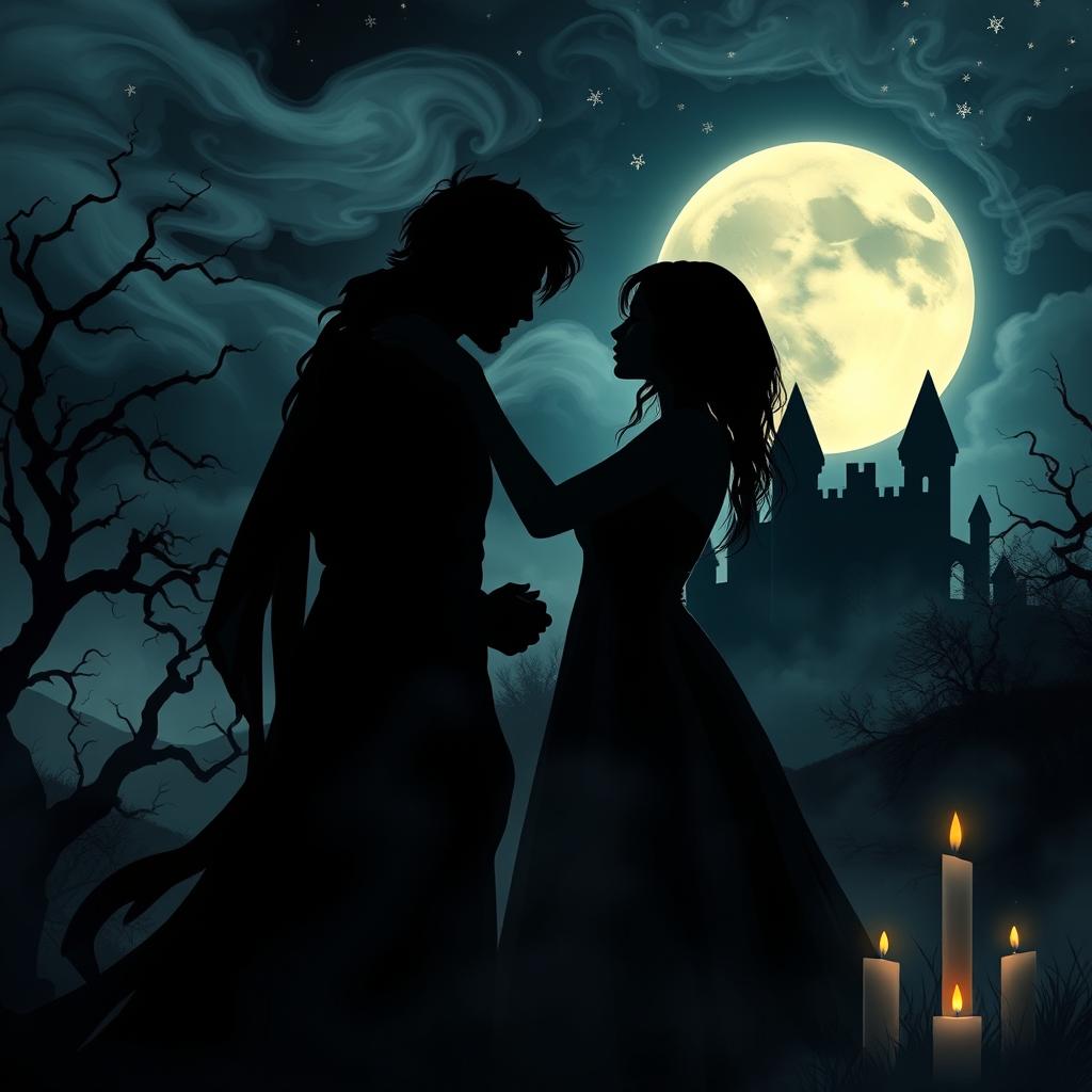 A hauntingly beautiful scene depicting a dark love story, featuring two shadowy figures embracing in an ethereal mist under a moonlit sky