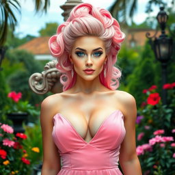 A full-length image of a beautiful, statuesque BBW (Big Beautiful Woman) with cotton-candy pink hair elegantly styled on top of her head