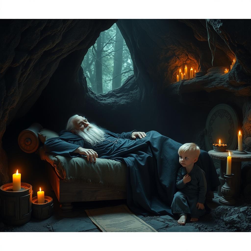 An old black magician dressed in a flowing black cloak, lying on a rustic wooden bed inside a dark, mystical cave surrounded by ancient forest