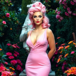 A full-length image of a beautiful, statuesque BBW (Big Beautiful Woman) with cotton-candy pink hair elegantly styled atop her head