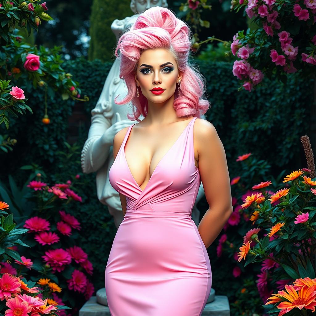 A full-length image of a beautiful, statuesque BBW (Big Beautiful Woman) with cotton-candy pink hair elegantly styled atop her head