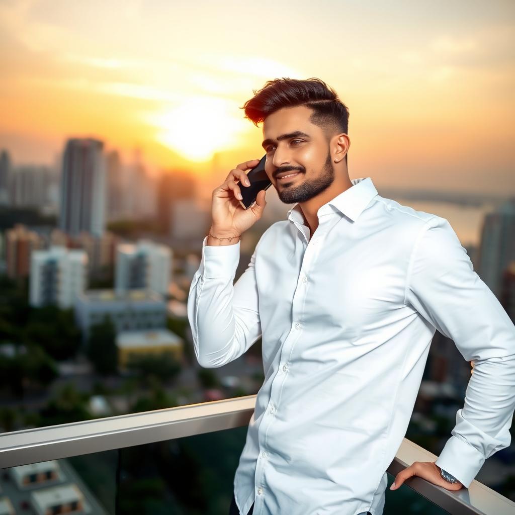 A handsome man standing on a balcony, dressed in a crisp white shirt, holding a mobile phone to his ear