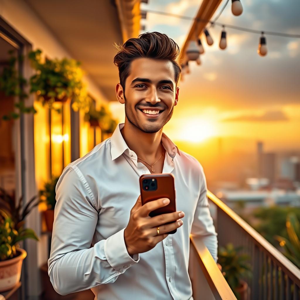 A handsome man in a crisp white shirt standing on a balcony, holding a mobile phone with a charming smile