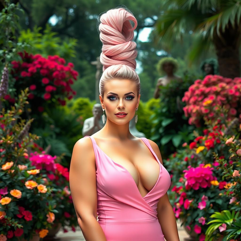 A full-length image of a beautiful, statuesque BBW (Big Beautiful Woman) with cotton-candy pink hair elegantly styled on top of her head