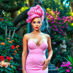 A full-length image of a beautiful, statuesque BBW (Big Beautiful Woman) with cotton-candy pink hair elegantly styled on top of her head