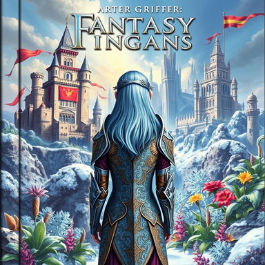 A fantasy themed book cover featuring two kingdoms, one in ruins with crumbling castles and ragged banners, while the other is prosperous with majestic towers and vibrant flags