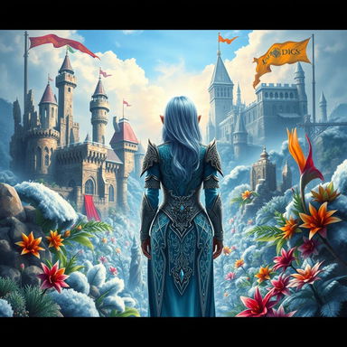 A fantasy themed book cover featuring two kingdoms, one in ruins with crumbling castles and ragged banners, while the other is prosperous with majestic towers and vibrant flags