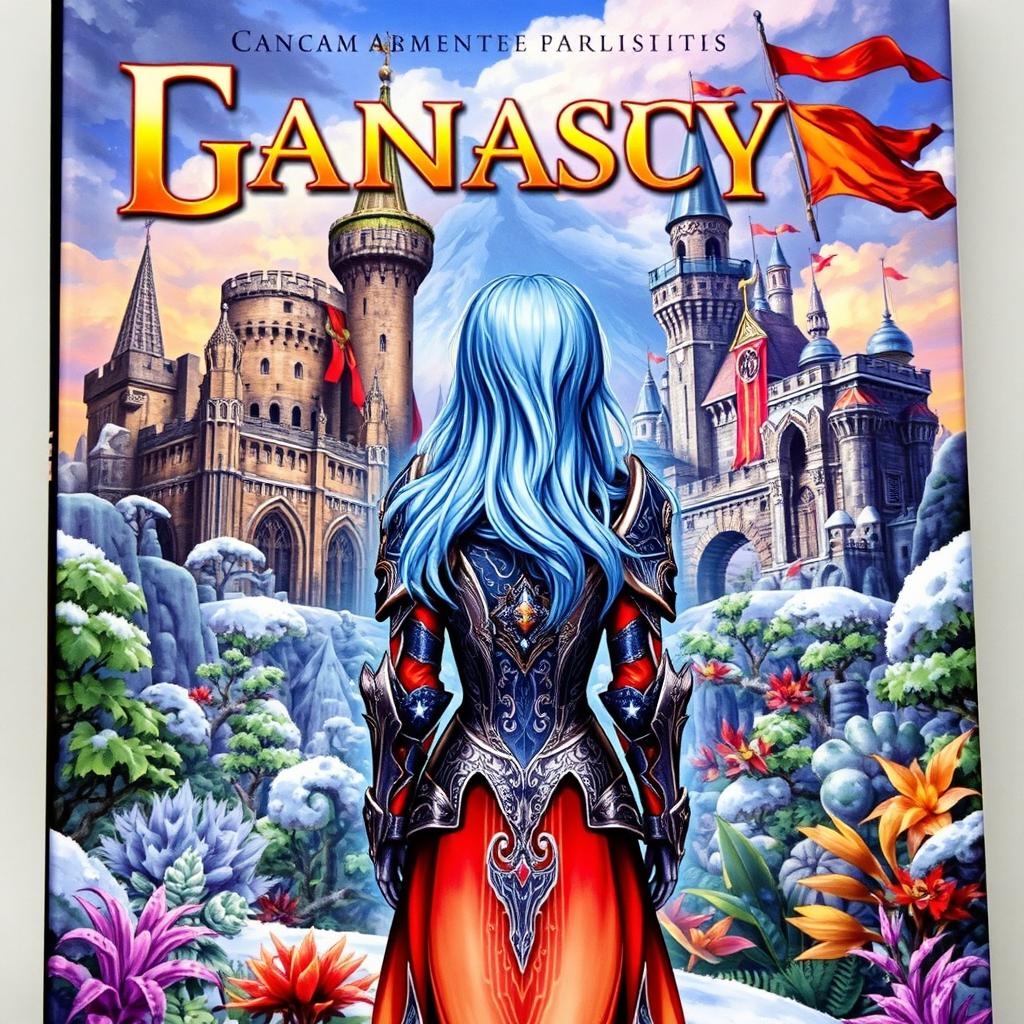 A fantasy themed book cover featuring two kingdoms, one in ruins with crumbling castles and ragged banners, while the other is prosperous with majestic towers and vibrant flags