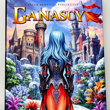 A fantasy themed book cover featuring two kingdoms, one in ruins with crumbling castles and ragged banners, while the other is prosperous with majestic towers and vibrant flags