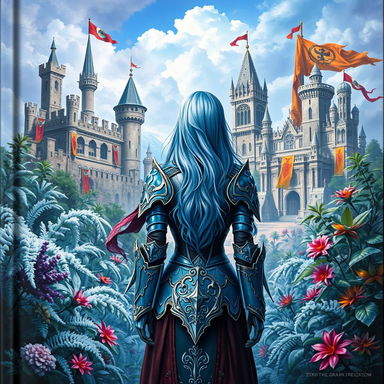 A fantasy themed book cover featuring two kingdoms, one in ruins with crumbling castles and ragged banners, while the other is prosperous with majestic towers and vibrant flags