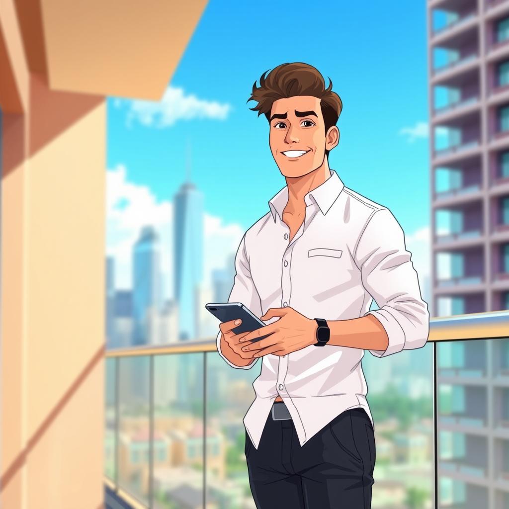 A handsome man wearing a crisp white shirt is standing on a balcony, casually holding a mobile phone in one hand, with a relaxed and confident expression on his face