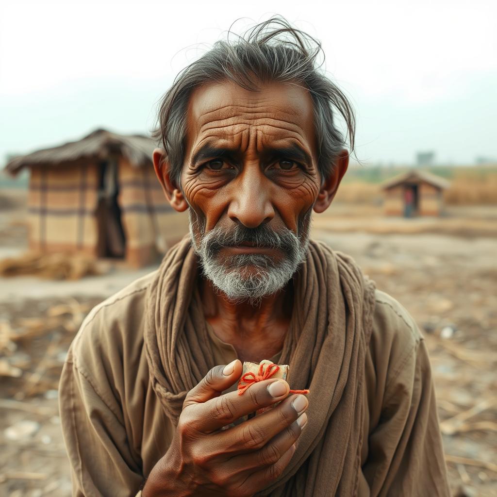 An emotional portrait of a poor farmer inspired by Premchand’s story 'Neur', depicted with simple, worn-out rural attire