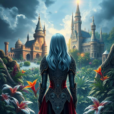 A fantasy themed book cover featuring two kingdoms: one in ruins with crumbling castles and dark skies, and the other thriving with lush gardens and shining towers