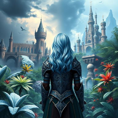 A fantasy themed book cover featuring two kingdoms: one in ruins with crumbling castles and dark skies, and the other thriving with lush gardens and shining towers