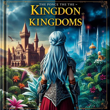 A fantasy themed book cover featuring two kingdoms: one in ruins with crumbling castles and dark skies, and the other thriving with lush gardens and shining towers