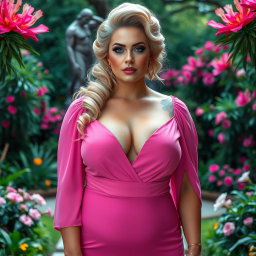 A full-length image of a beautiful, statuesque BBW (Big Beautiful Woman) with cotton-candy hair styled in an elegant updo