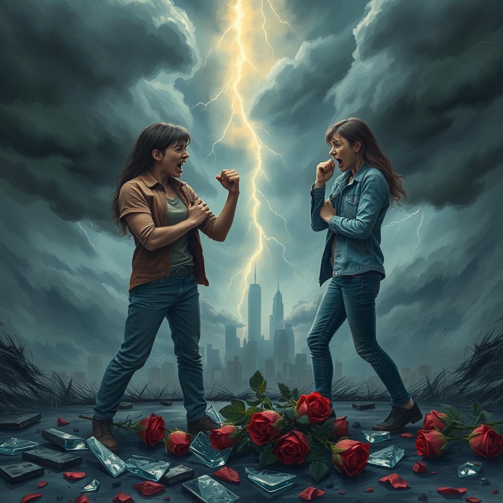 An intense and tumultuous depiction of a bad love story, featuring two figures in a heated argument surrounded by a stormy backdrop