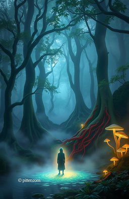 An ethereal forest shrouded in mist, illuminated by soft, dreamy light filtering through the dense trees