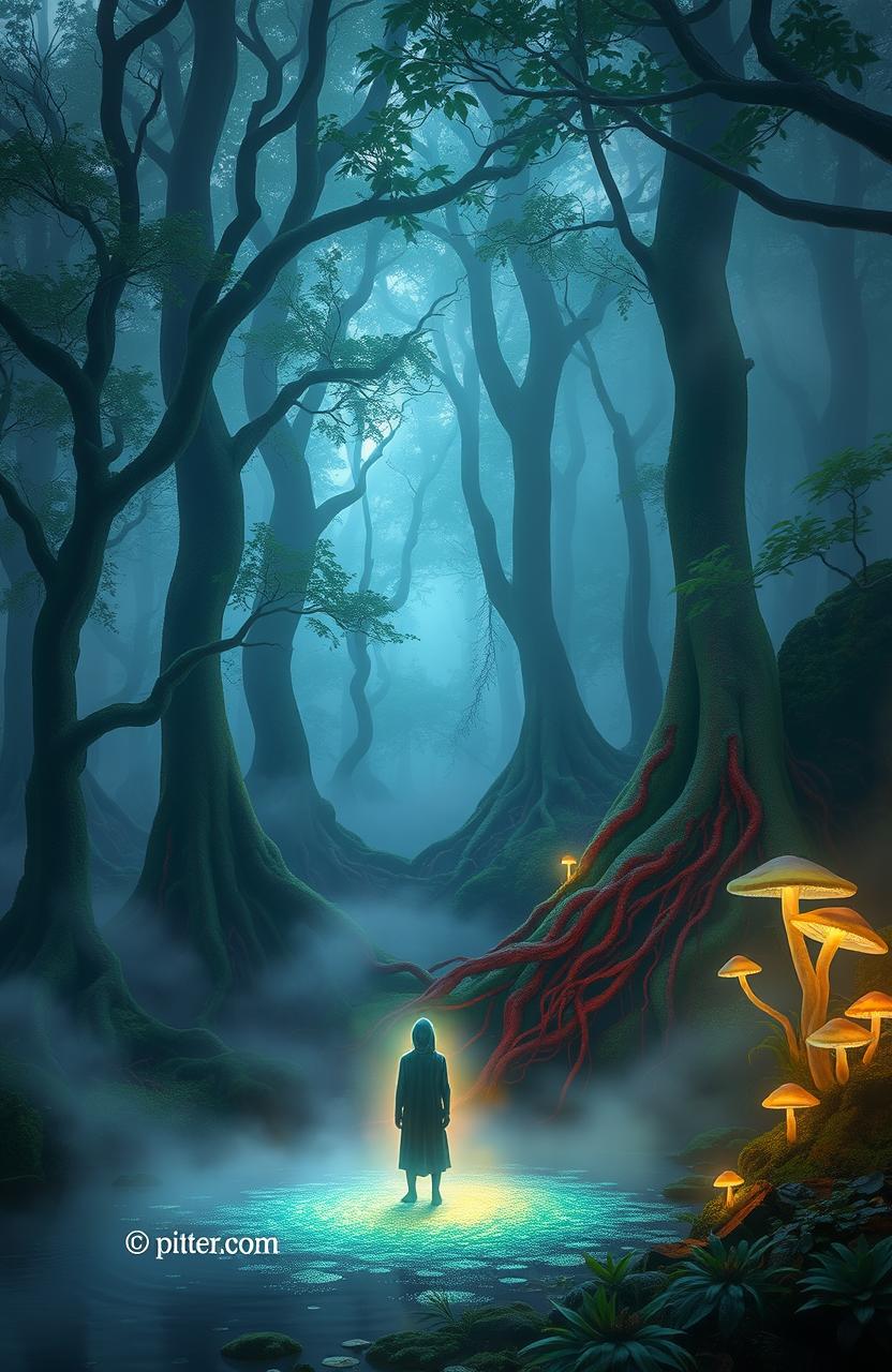 An ethereal forest shrouded in mist, illuminated by soft, dreamy light filtering through the dense trees