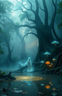 An ethereal forest shrouded in mist, illuminated by soft, dreamy light filtering through the dense trees