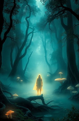 An ethereal forest shrouded in mist, illuminated by soft, dreamy light filtering through the dense trees