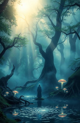An ethereal forest shrouded in mist, illuminated by soft, dreamy light filtering through the dense trees