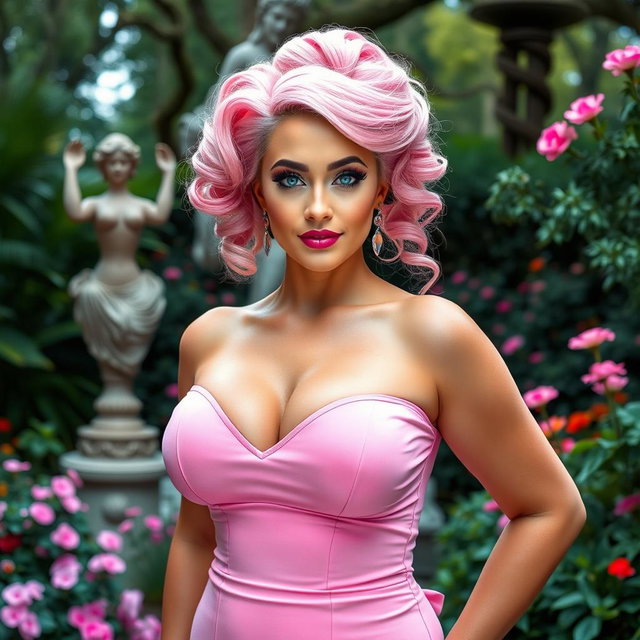 A full-length image of a beautiful, statuesque BBW (Big Beautiful Woman) with cotton-candy pink hair styled in an elegant updo