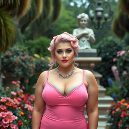 A full-length image of a beautiful, statuesque BBW (Big Beautiful Woman) with cotton-candy pink hair styled in an elegant updo