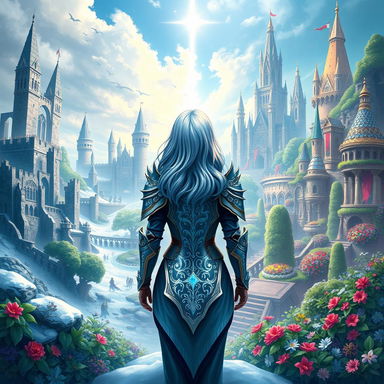 A fantasy themed book cover featuring two contrasting kingdoms: on the left, a majestic yet ruined kingdom with crumbling stone castles and barren landscapes, signifying past glory; on the right, a vibrant and prosperous kingdom with lush gardens, towering spires, and celebrations underway