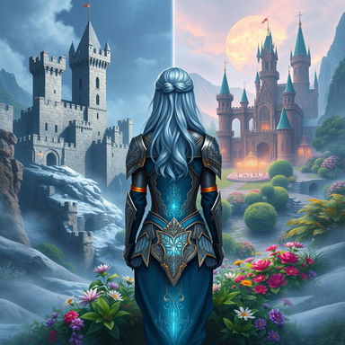 A fantasy themed book cover featuring two contrasting kingdoms: on the left, a majestic yet ruined kingdom with crumbling stone castles and barren landscapes, signifying past glory; on the right, a vibrant and prosperous kingdom with lush gardens, towering spires, and celebrations underway