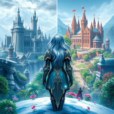 A fantasy themed book cover featuring two contrasting kingdoms: on the left, a majestic yet ruined kingdom with crumbling stone castles and barren landscapes, signifying past glory; on the right, a vibrant and prosperous kingdom with lush gardens, towering spires, and celebrations underway