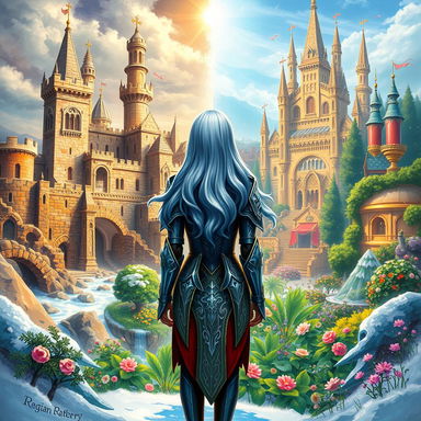 A fantasy themed book cover featuring two contrasting kingdoms: on the left, a majestic yet ruined kingdom with crumbling stone castles and barren landscapes, signifying past glory; on the right, a vibrant and prosperous kingdom with lush gardens, towering spires, and celebrations underway