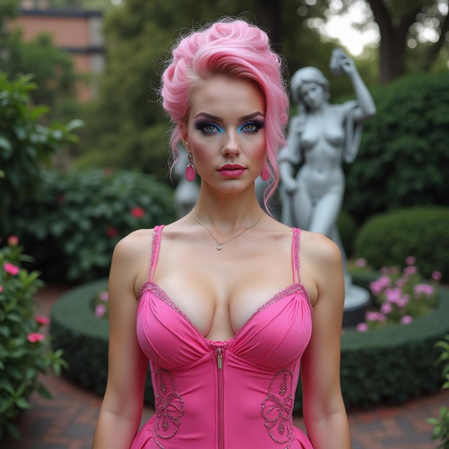 A full-length image of a beautiful, statuesque BBW (Big Beautiful Woman) with cotton-candy pink hair elegantly styled in an updo