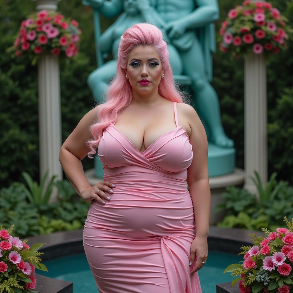 A full-length image of a beautiful, statuesque BBW (Big Beautiful Woman) with cotton-candy pink hair styled in an elegant updo