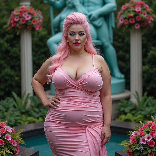 A full-length image of a beautiful, statuesque BBW (Big Beautiful Woman) with cotton-candy pink hair styled in an elegant updo