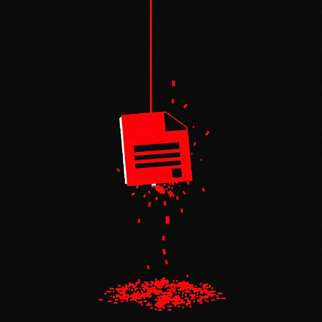 A digital file represented in an 8-bit style, vividly colored in red and black, appears to be falling into a deep, dark abyss