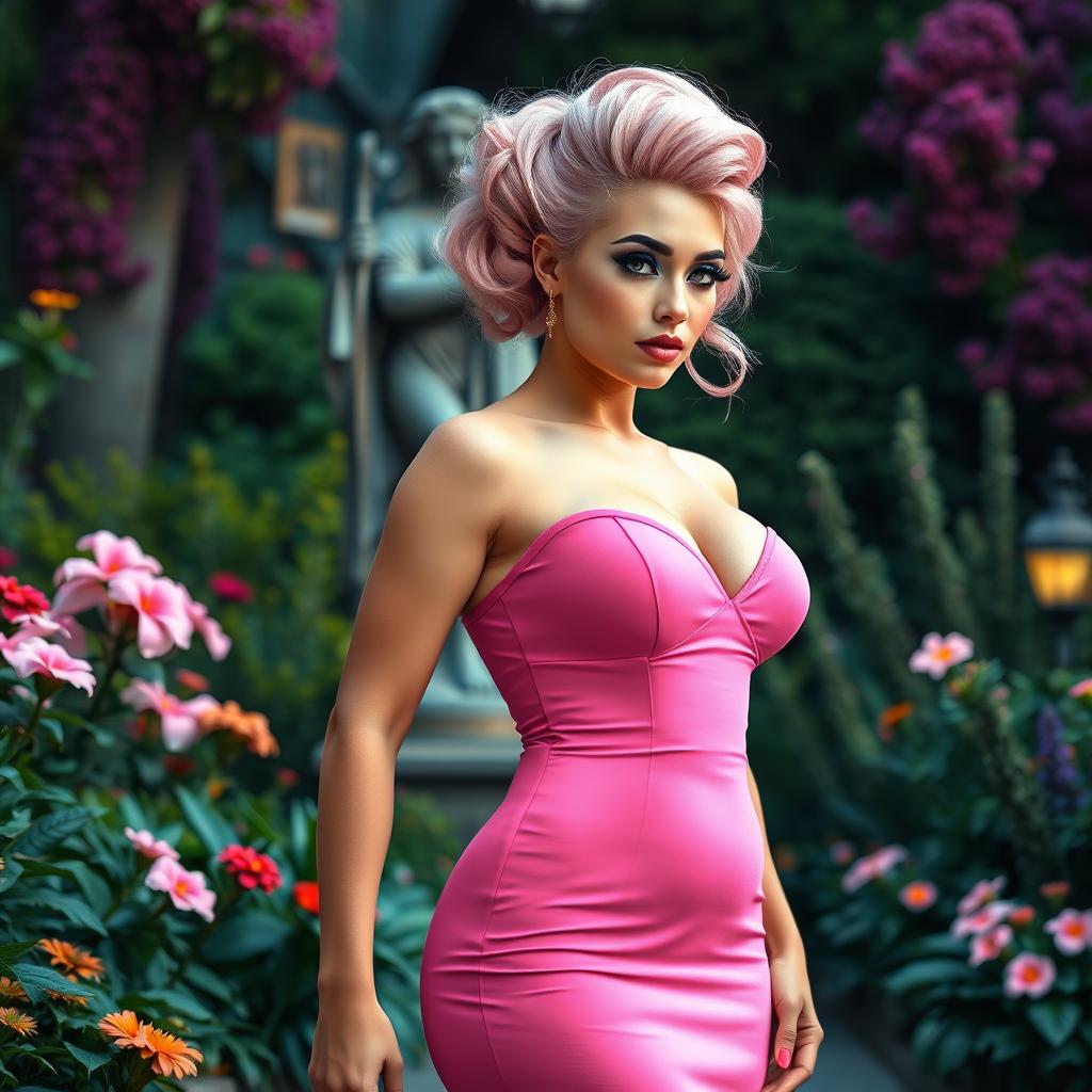 A full-length image of a beautiful, statuesque BBW (Big Beautiful Woman) with cotton-candy pink hair elegantly styled in an updo