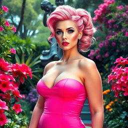 A full-length image of a beautiful, statuesque BBW (Big Beautiful Woman) with cotton-candy pink hair elegantly styled in an updo