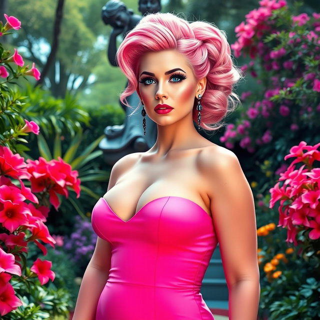 A full-length image of a beautiful, statuesque BBW (Big Beautiful Woman) with cotton-candy pink hair elegantly styled in an updo
