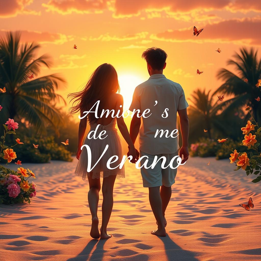 A romantic summer scene featuring the phrase 'Amores de Verano' elegantly integrated into the image
