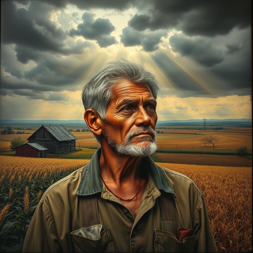 A poignant portrait of a farmer reflecting his internal struggle against the backdrop of a vast, contrasting rural landscape