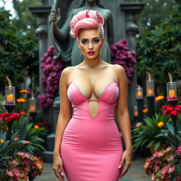 A full-length image of a beautiful, statuesque BBW (Big Beautiful Woman) with cotton-candy pink hair styled in an elegant updo
