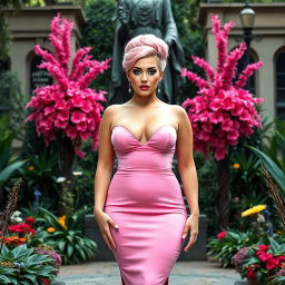 A full-length image of a beautiful, statuesque BBW (Big Beautiful Woman) with cotton-candy pink hair styled in an elegant updo