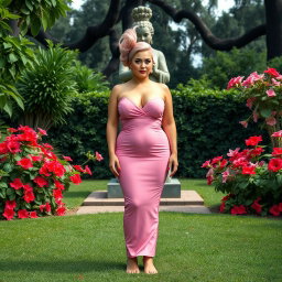 A full-length image of a beautiful, statuesque BBW (Big Beautiful Woman) with cotton-candy pink hair styled in an elegant updo