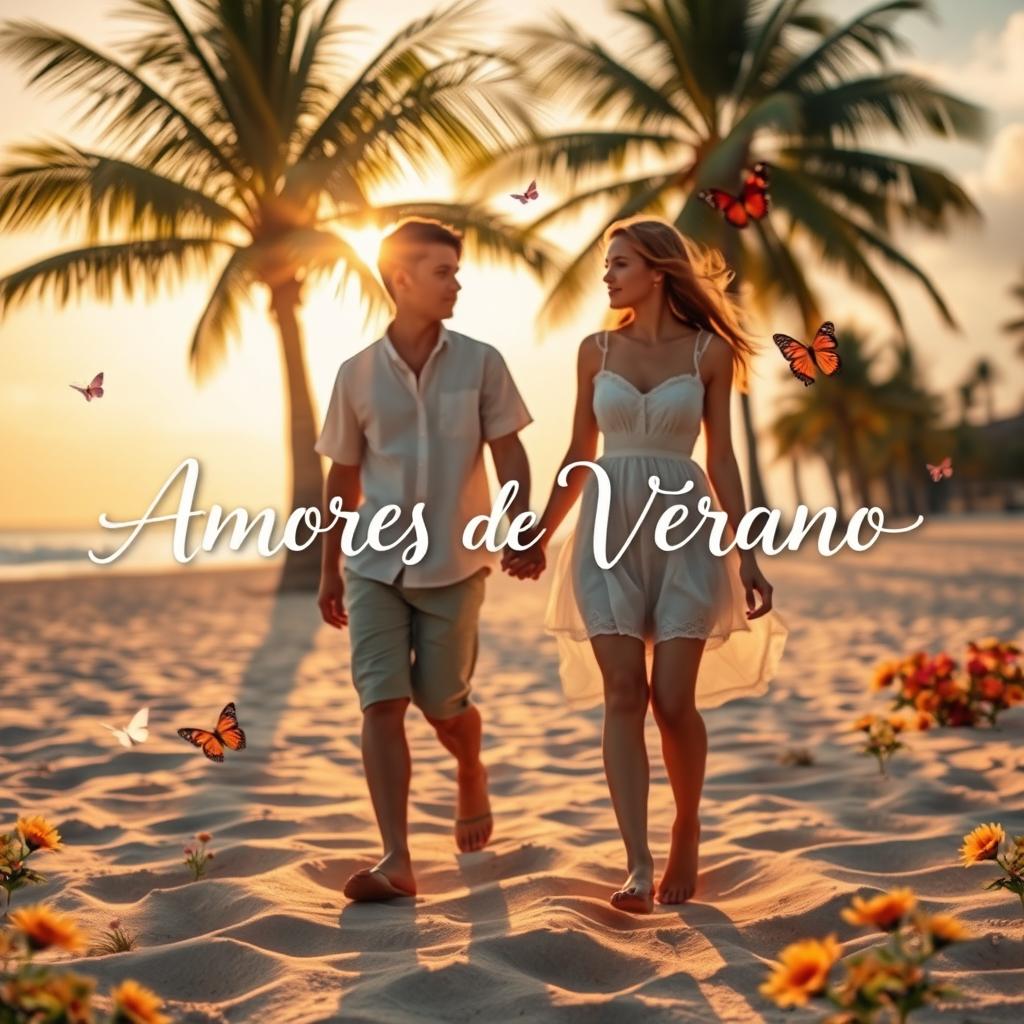 A romantic summer scene featuring the phrase 'Amores de Verano' elegantly integrated into the image