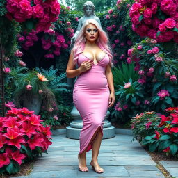 A full-length image of a beautiful, statuesque BBW (Big Beautiful Woman) with cotton-candy pink hair flowing elegantly