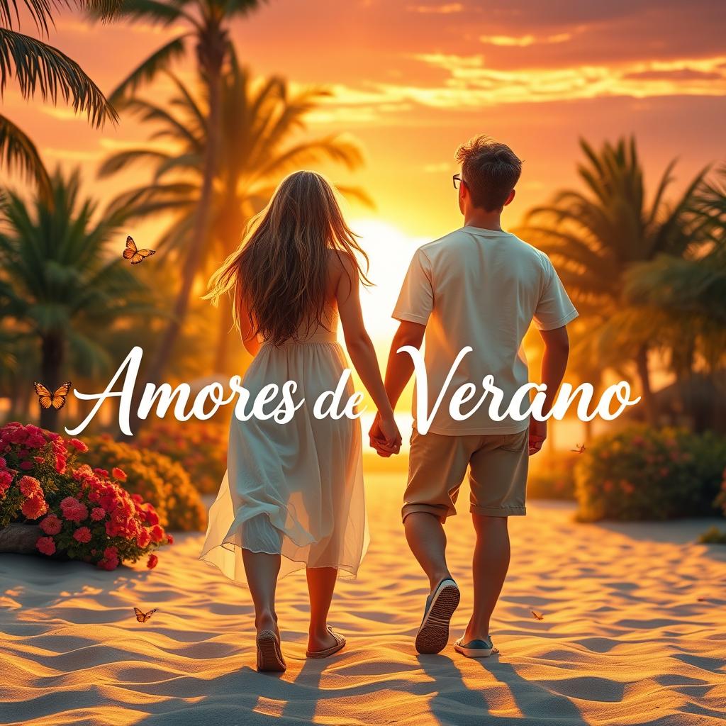 A romantic summer scene featuring the phrase 'Amores de Verano' elegantly integrated into the image