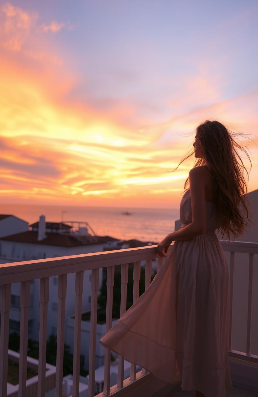 A romantic yet melancholic scene depicting a young woman standing alone on a balcony, gazing thoughtfully at the sunset