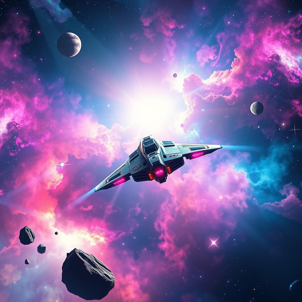 A breathtaking digital art scene depicting space exploration, showcasing a futuristic spacecraft soaring through a colorful nebula filled with vibrant cosmic colors like deep blues, purples, and radiant pinks